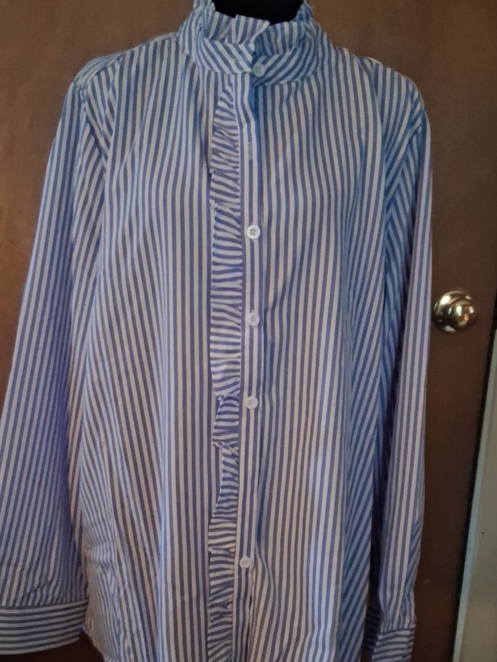 SHEIN Blue and White Striped Ruffle-Front Button Shirt